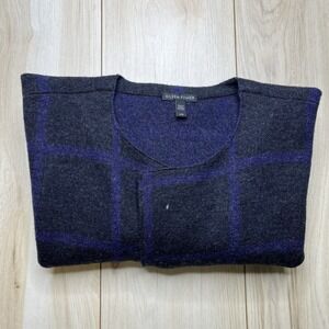 Eileen Fisher Open Front Windowpane Wool Sweater Womens Size Large Gray Purple